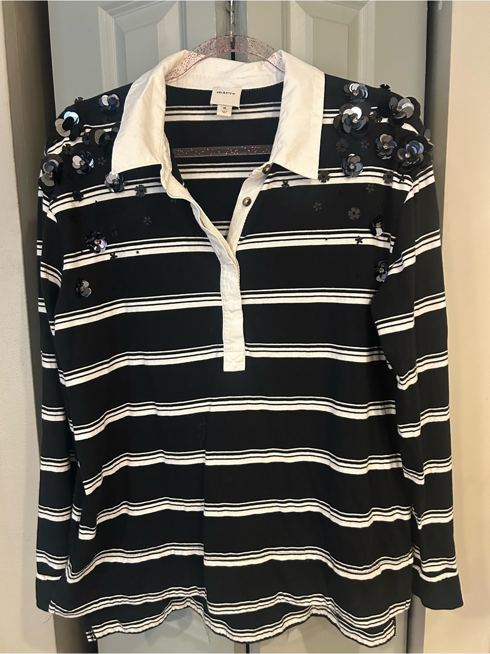 Maeve Black & White Striped Polo Top with Embellished Shoulders